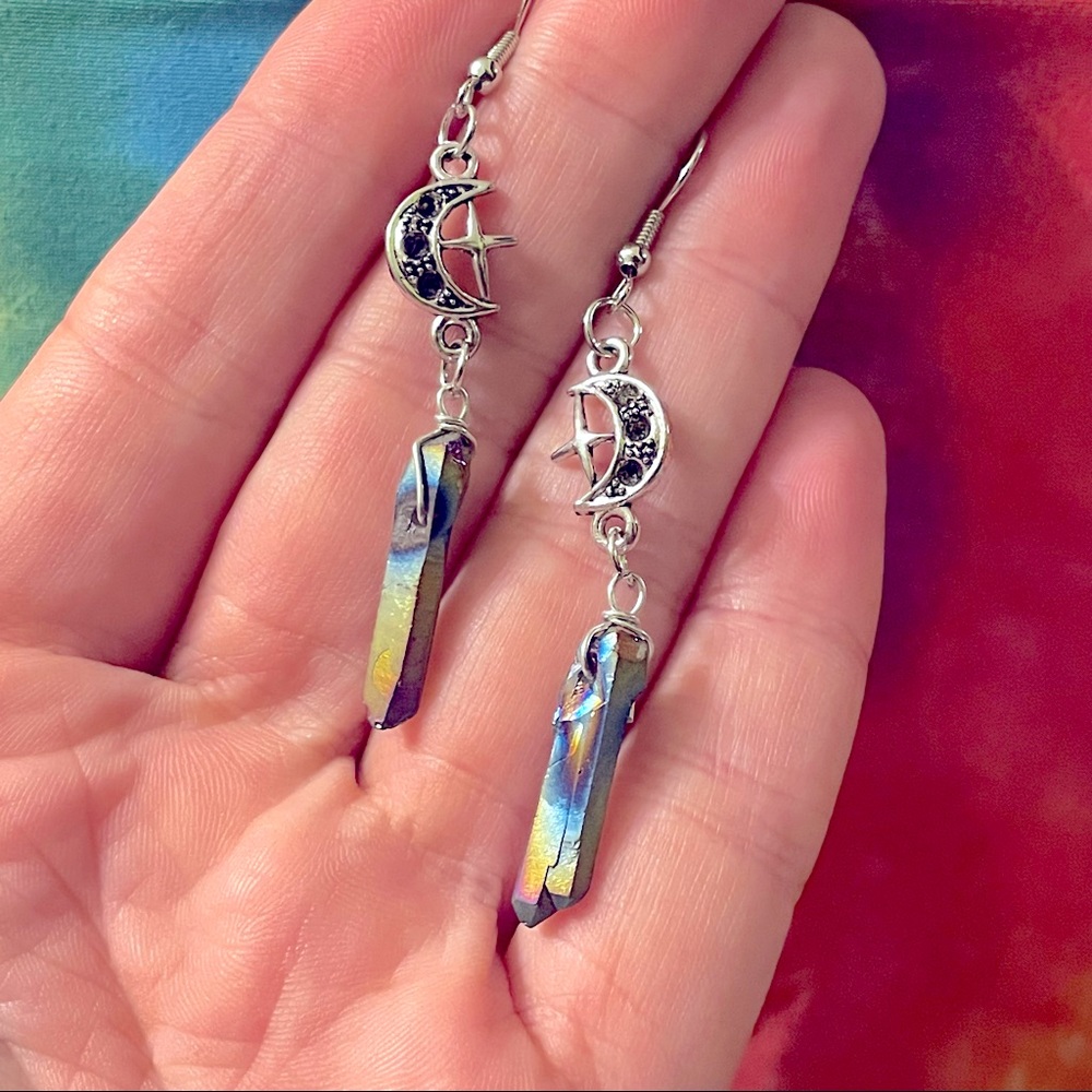 💥2 for $20💥★Rainbow Quartz Moon & Star Earrings★